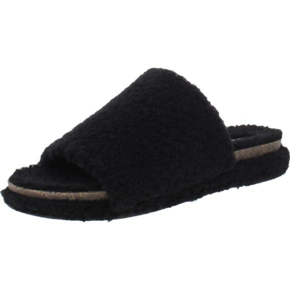 #2 Lucky Brand Gadini Black Faux Fur Open Toe Fleece Slippers - Picture 5 of 7